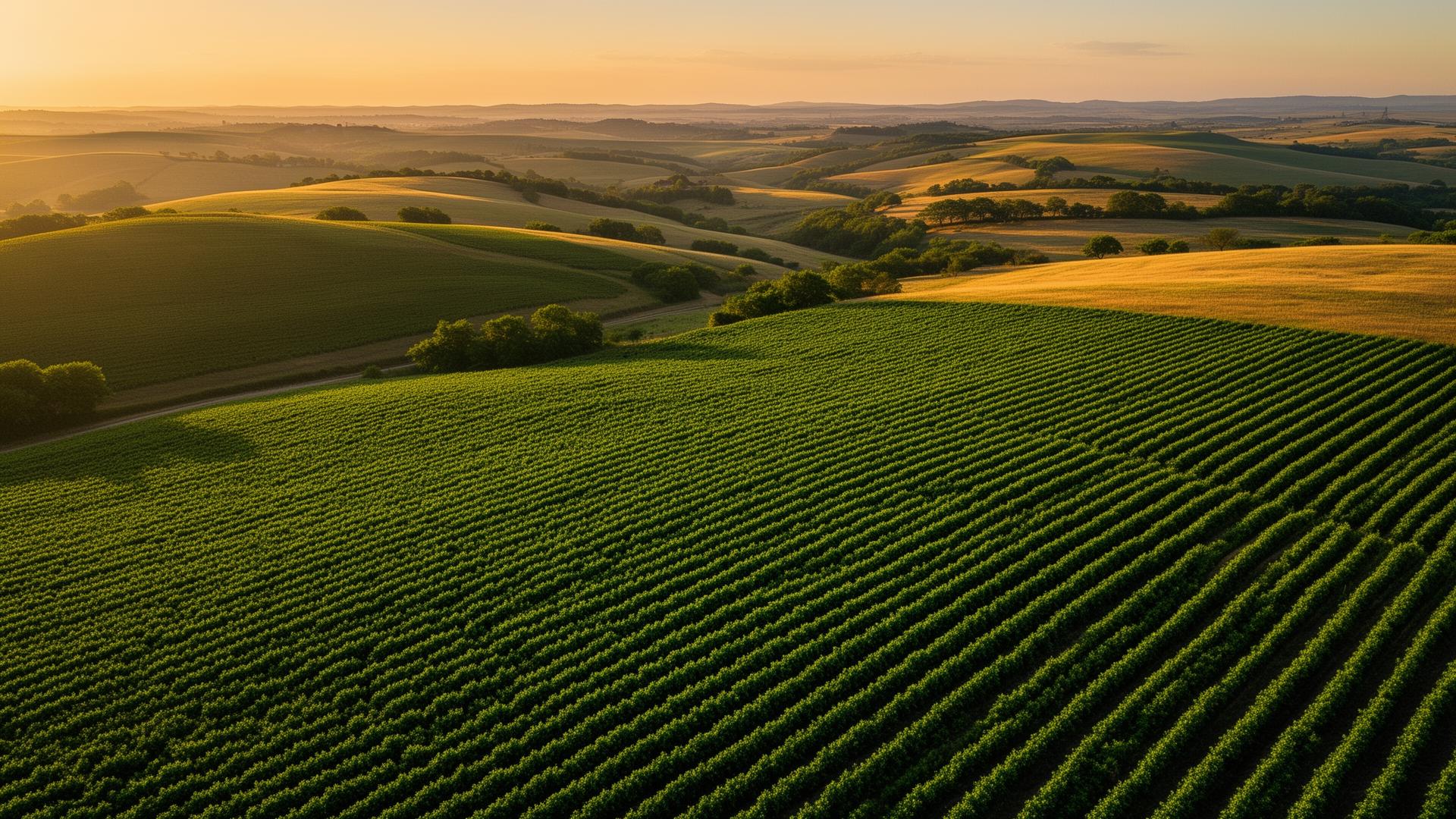 Lush agricultural fields at golden hour